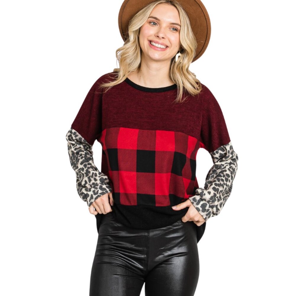 ✨5/$25✨FINAL ONE 🔥 Pam Buffalo Plaid & Leopard Color Block Top Size S